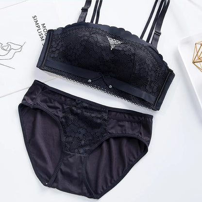 Ladies Strapless Bra Set Women's Non-slip Gather-up Sexy Lace Hollow Out Underwear Female Invisible Chest Patch Thickening No Steel Ring Tube Top Set