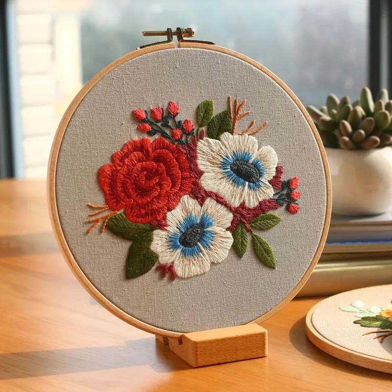 Floral Hand Cross Stitch Embroidery Cloth Starter Kits Needlepoint Color Threads Bamboo Hoop DIY