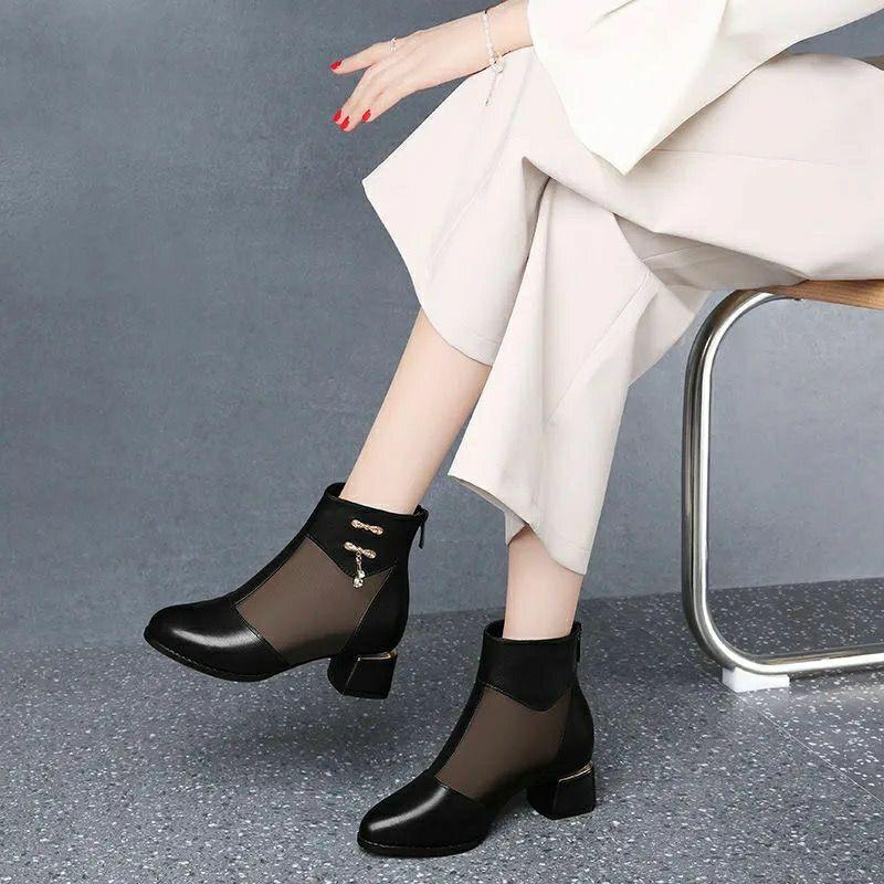 Spring and Summer Mesh Sandals Mid-heeled Soft-soled Non-slip Round-toe Thick-heeled Sandals Women