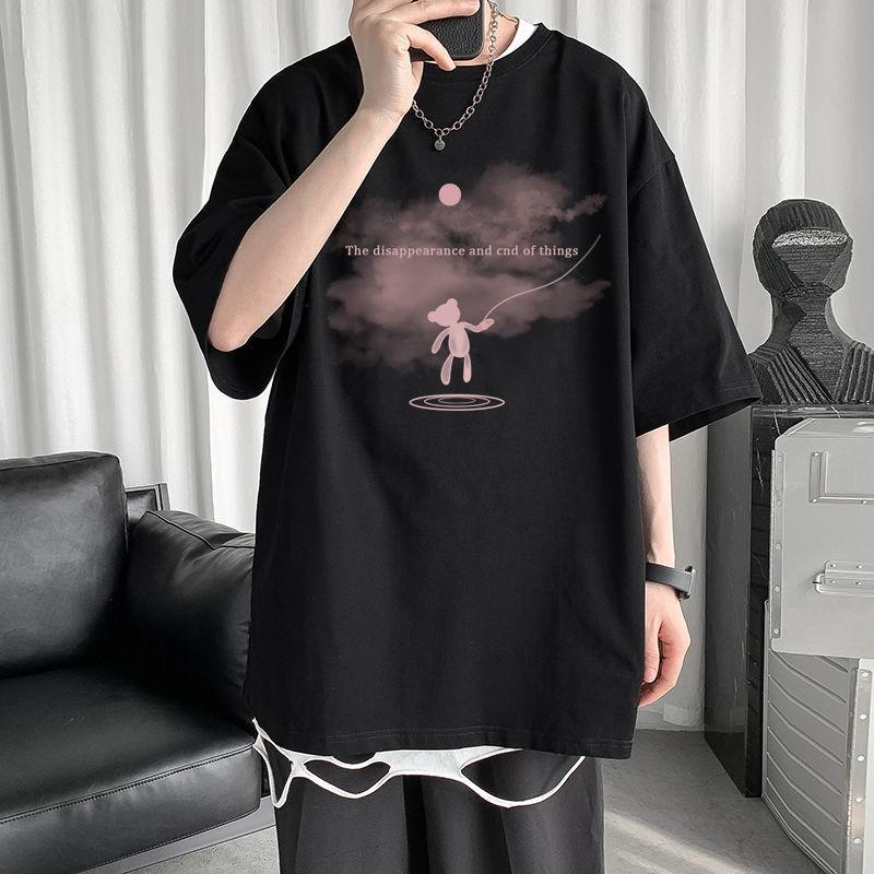 Pure Cotton Short-sleeved T-shirt Men's White Summer Loose Cartoon Half-sleeved Top