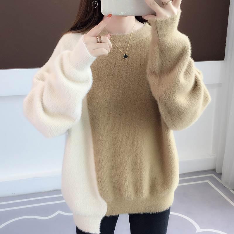 Autumn and Winter Color Mix Jacket Long Sleeve Round Neck Bottoming Shirt Fuzzy Casual  Loose Sweater