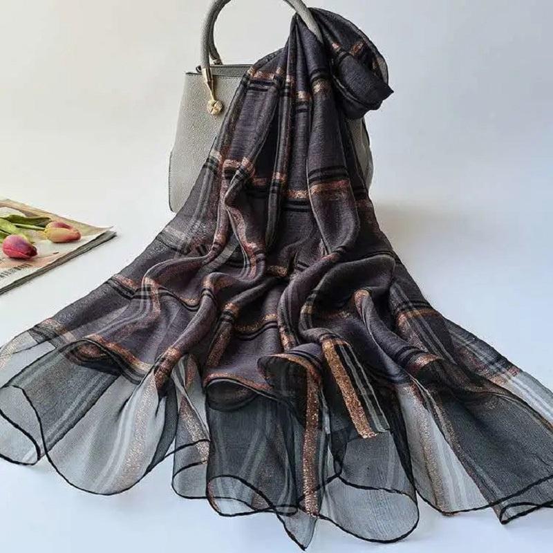 Women's Autumn and Winter Silk Scarf Korean Style All Match Mulberry Silk Shawl Thin Silk Plaid Scarf Long Dual-use Gauze Scarf Sweet Neckerchief