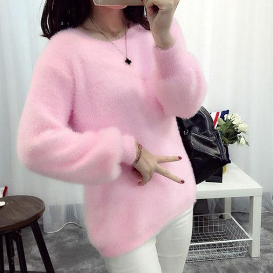 Autumn and Winter Round Neck Short Top Loose Pullover Solid Color Long-haired Sweater Thick Mohair Bottoming Shirt