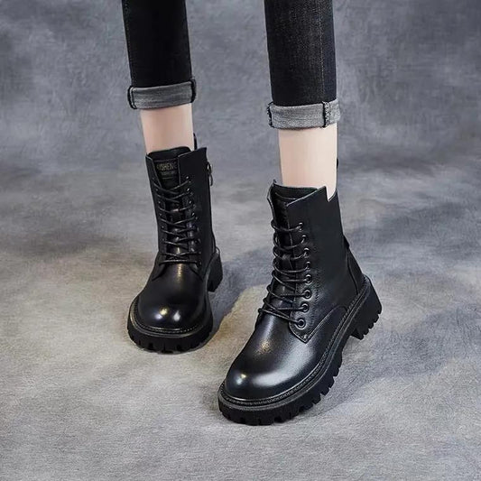 Size35-40 Chunky Motorcycle Boots For Women Autumn 2021 Fashion Round Toe Lace-up Combat Boots Ladies Shoes