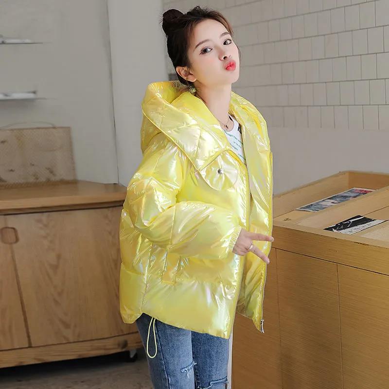 Winter Fashion Ladies Bright Leather Down Jacket Short Color Thick Loose Hooded Disposable Down Jacket