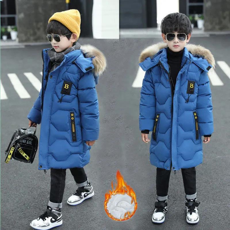 Boys Winter Jacket New Cotton-padded Clothes Big Boys Handsome Clothes Mid-length Velvet Thick Warm Jacket