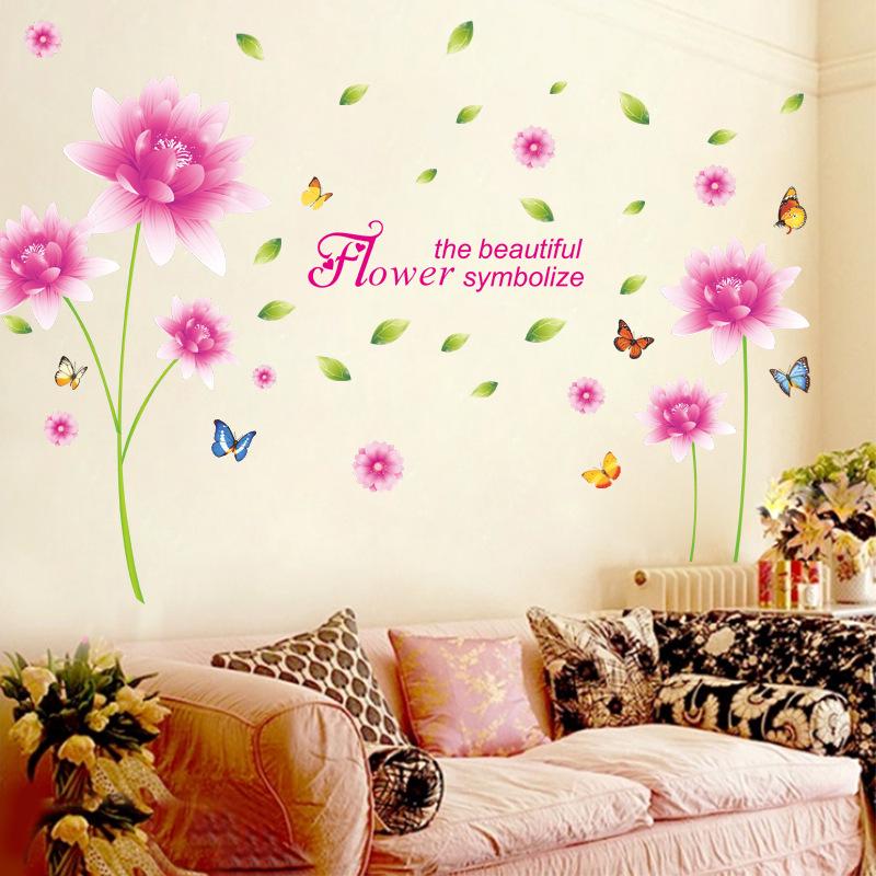 Pink Lotus Living Room Bedroom Home Decor Wall Sticker Custom summer pink flower wallpaper