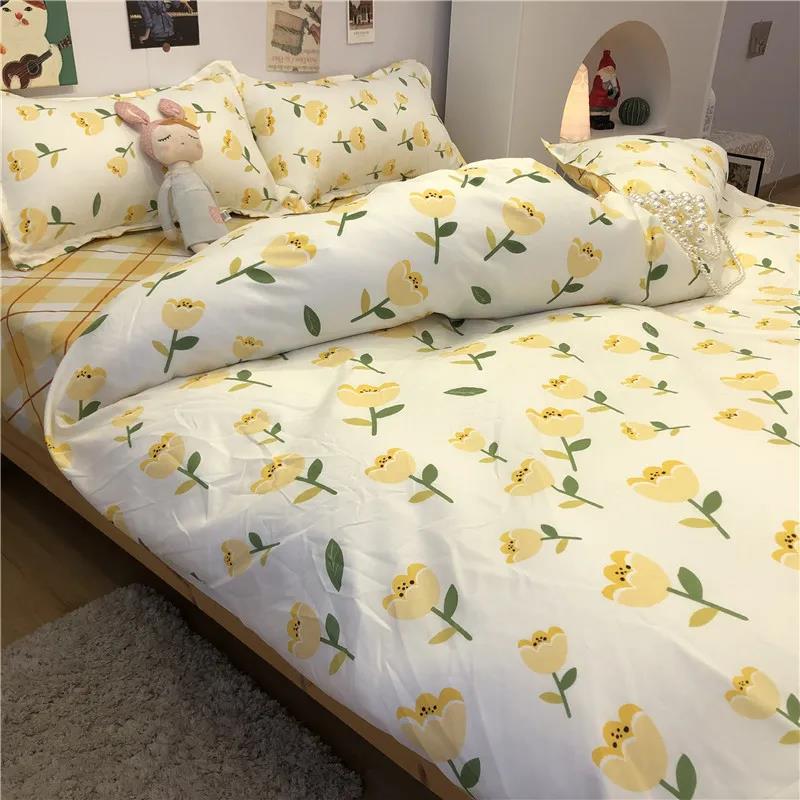 Simple Floral Cotton Bedding, Large Washed Cotton Double Bed Single Quilt Cover Four-piece Set