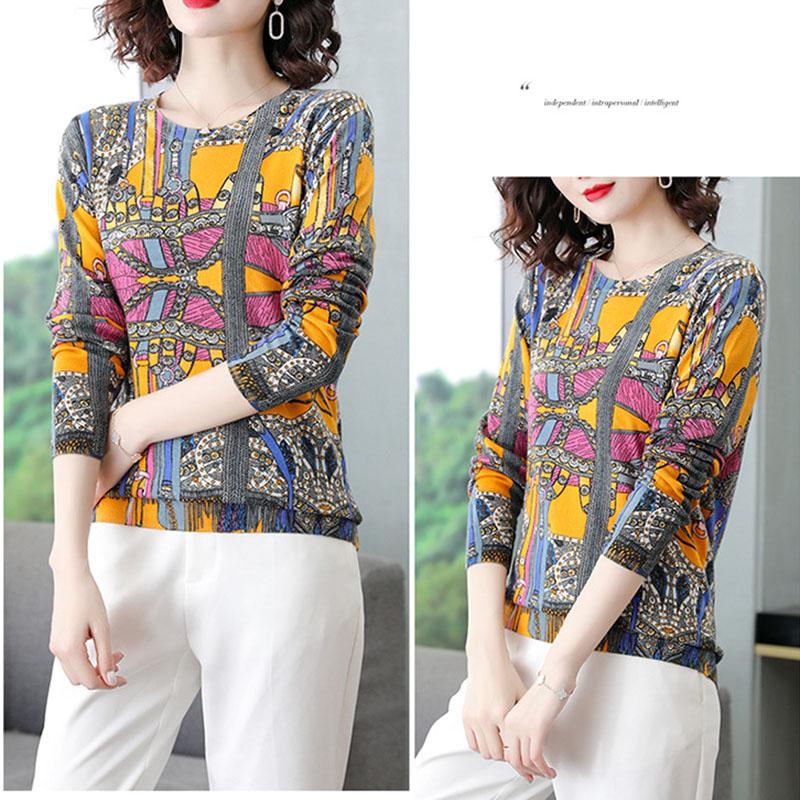 Ethnic Style Printed  Sweater Women Autumn Winter Loose O-Neck Long Sleeve Pullover Knit Jumper Sweater