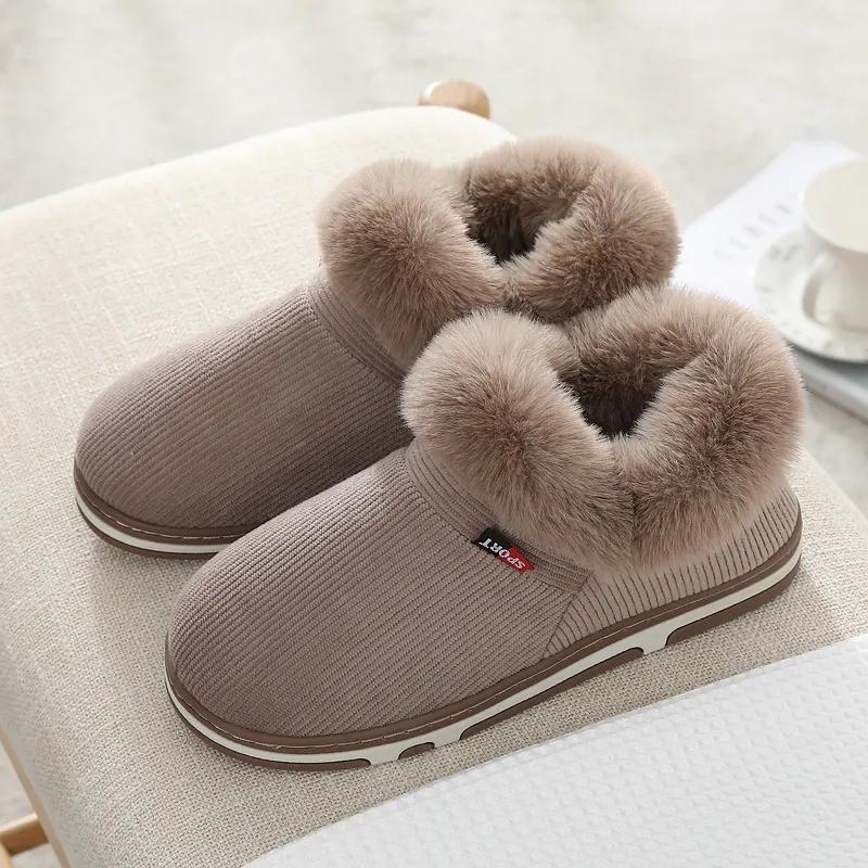 Men's Cotton Slippers Bag with Thickened Soft Bottom Non-slip Winter Home Warm Cotton Laces Heel Plush Cotton Shoes Women