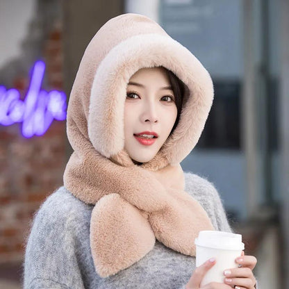 Women Plus Velvet Hat Rabbit Scarf Bow Set One Piece Fake Collar Winter Windproof Hooded Cold-proof Plush Padded Collar Warm Ear Protection Caps