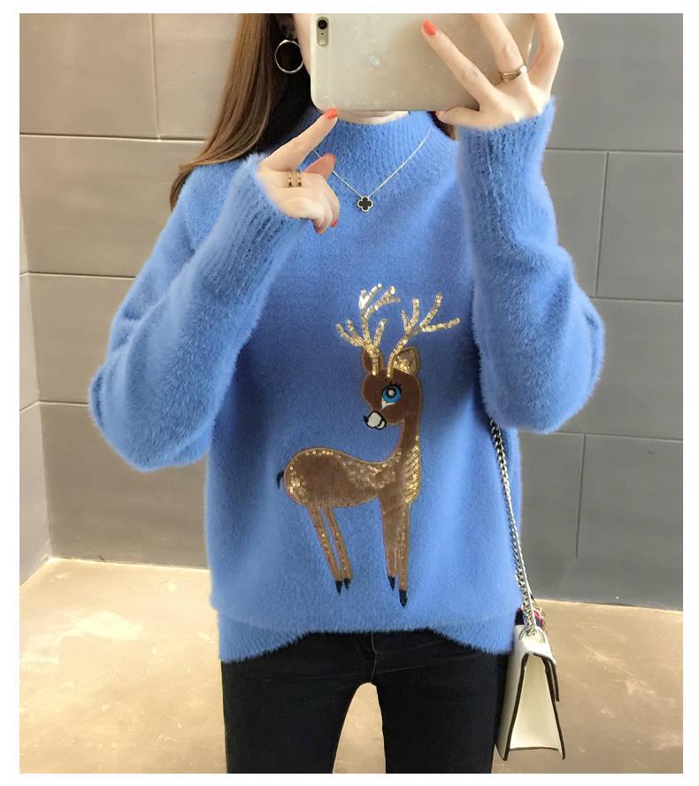 Pofulove Faux Mink Plus Velvet Thick Half Turtleneck Christmas Sweet Pullover Sweater Women Loose Autumn Winter Warm