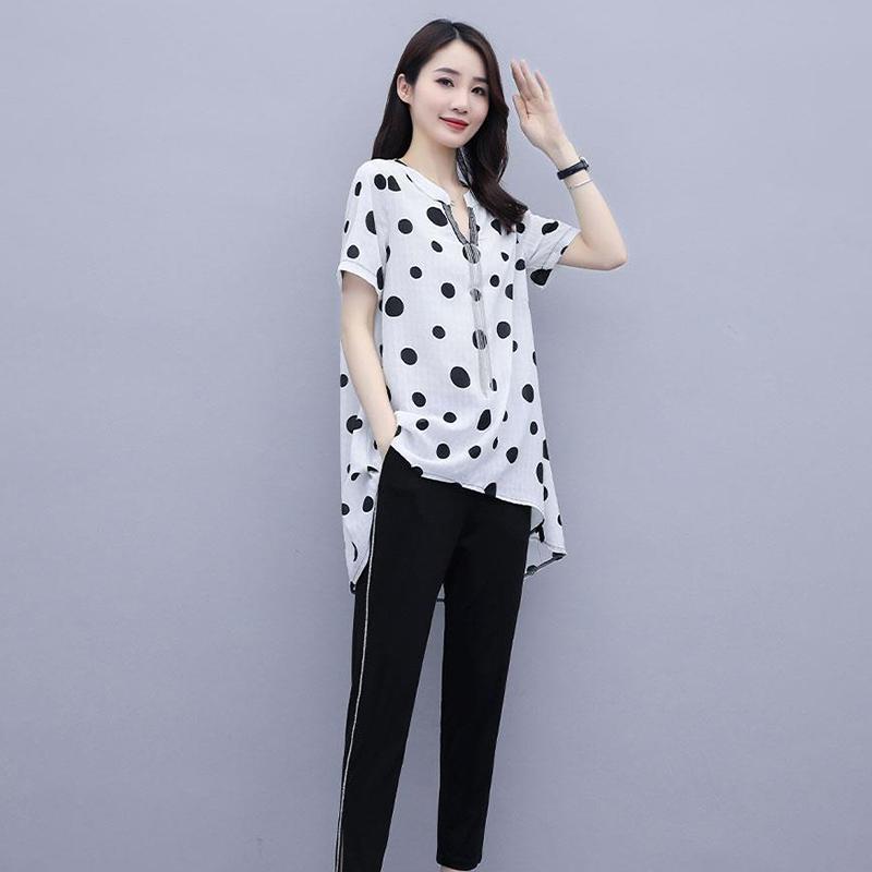 Chiffon Shirt Suit Women's Large Size Printed Loose Long Shirt Two-piece Cover Belly Slimming Chiffon Casual Loose Ladies Two-piece Suit