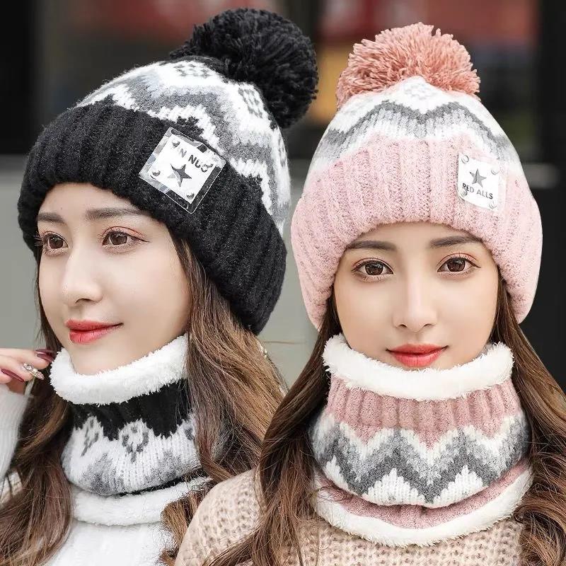 Hat Women's Autumn and Winter Plus Velvet Warm Knit Hat Warm Scarf Ladies Biking Ear Protection Warm All-match Woolen Hat