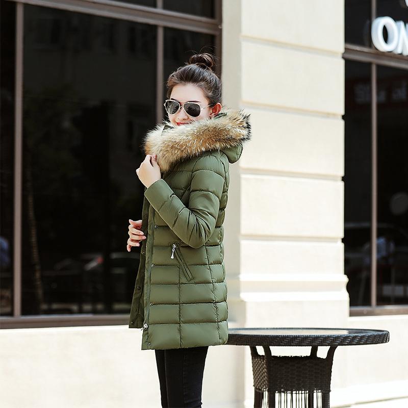 Slim Women Winter Jacket Cotton Padded Warm Thicken Ladies Coat Medium Long Down Coats Fur Collar Hooded Parka Mid-length Womens Jackets