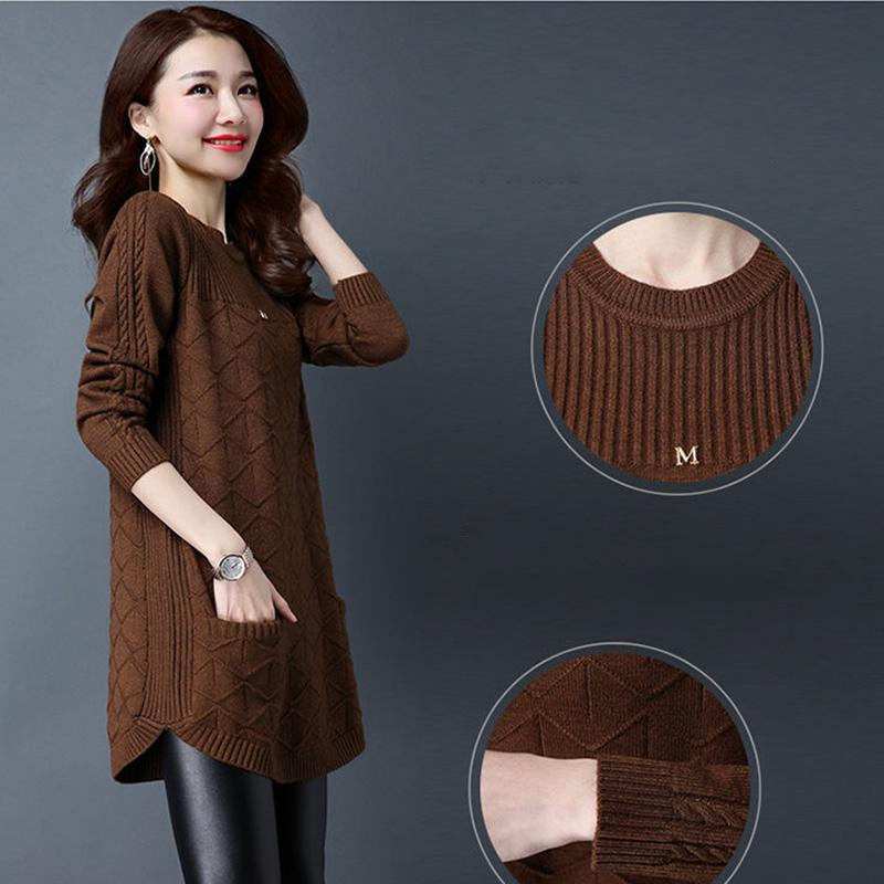 Thick and Velvet Mid-length Sweater Women's Low Round Neck Spring and Autumn Large Size Pullover Loose Knit Bottoming Sweater Sweater Skirt