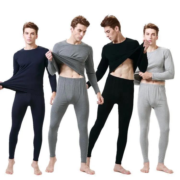 Men Thermal Underwear Sets Male Long Johns Winter Autumn Warm Mens Thermo Clothes Shirt+pants Suit Solid Color O Neck