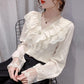 Women Summer Petal Sleeve Hollow Out Flower Lace Patchwork Shirt Slim Elegant Female Versatile Blouse Chic Button Top