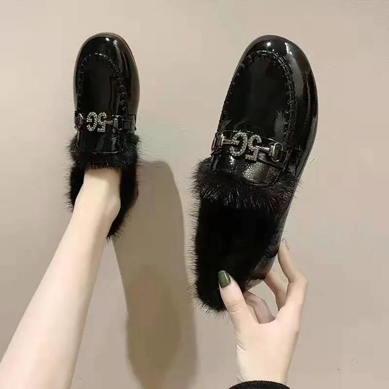 Plush Plush Shoes Women's Flat Loafers Peas Shoes Patent Leather Soft Sole Soft Surface Warm Shoes Comfortable and Warm