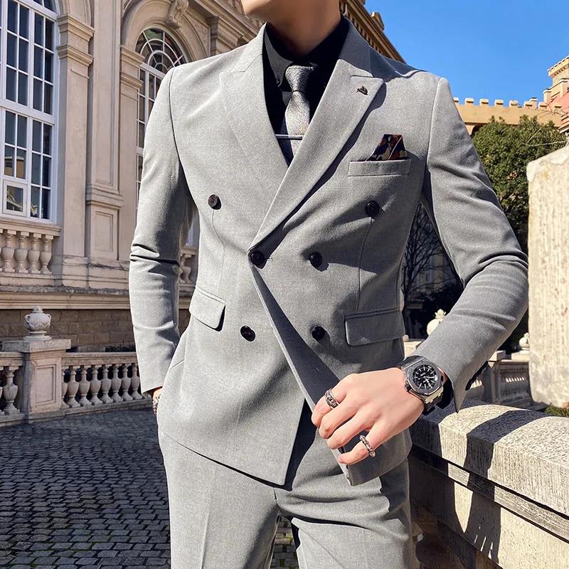 Double Breasted Suit Fit Handsome Groom Best Man Dress Host Suit Jacket Trousers Suit