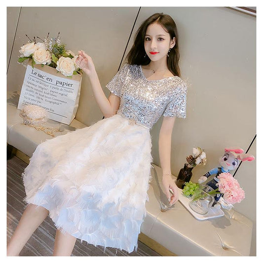 V-neck Short Sleeve Sequined Party Dresses Women Streetwear Midi Dress Female Spring Dress Vestido