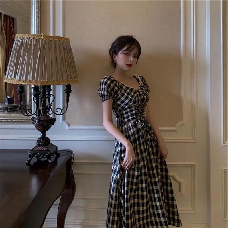 Female Vintage High Waist Super Fairy Holiday Dress Elegant Slim Pleated Retro Plaid Party Dress