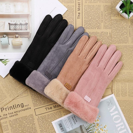 Women's Suede Gloves Winter Double Furry Gloves Warm Snowflake Embroidery Outdoor Fashion Gloves