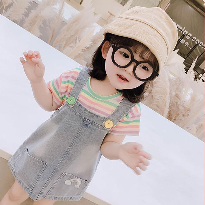 2PCS Children Clothing Set Spring Summer Girls Suits Printing Short Sleeve Stripe Tops + Suspender Skirt Clothing Set