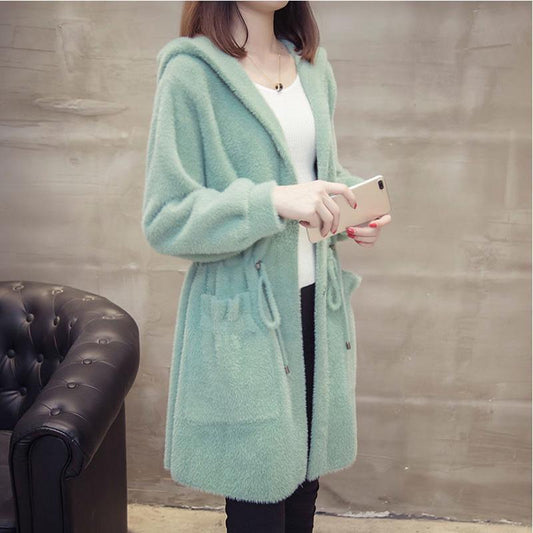 Autumn and Winter Knitted Cardigan Coat Korean Style Hooded Loose Sweater Mid-length Popular Coat Women