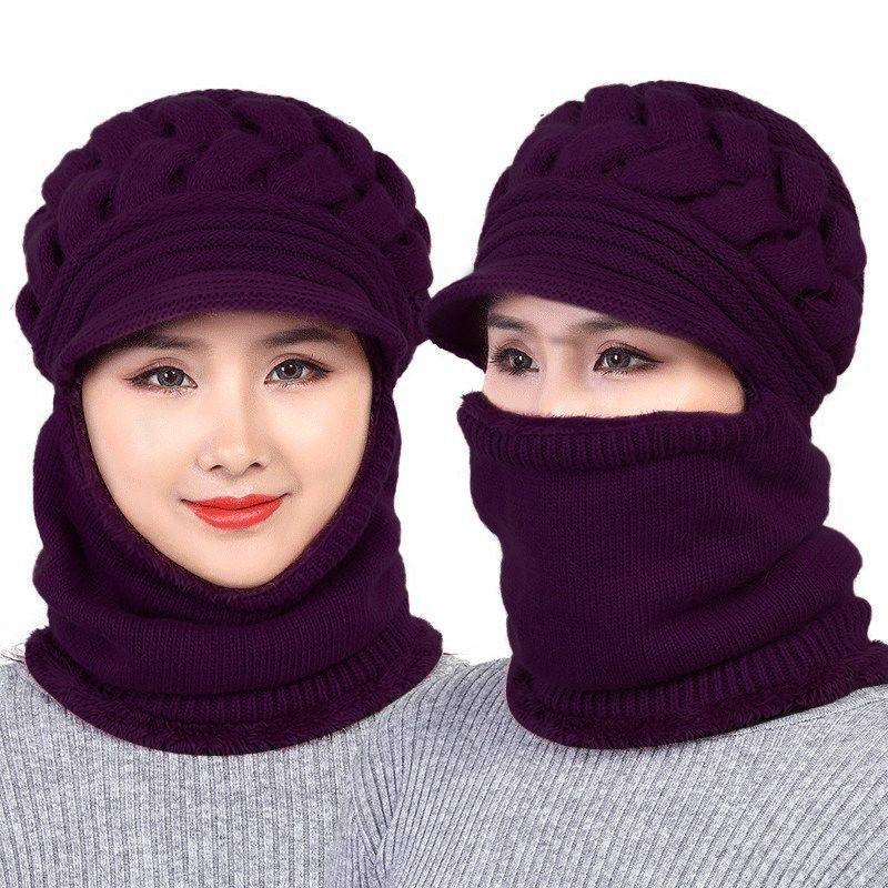 Warm Hat Women's Winter Woolen Hat with Velvet To Keep Warm Cycling Padded Bib Hat One-piece Stretch Knitted Hat