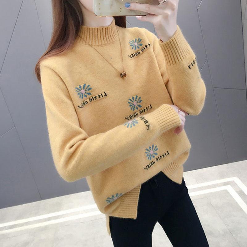 Autumn and Winter Half High Neck Pullover Sweater Loose Jacquard Simple Bottoming Shirt Thick Knitted Women Sweater