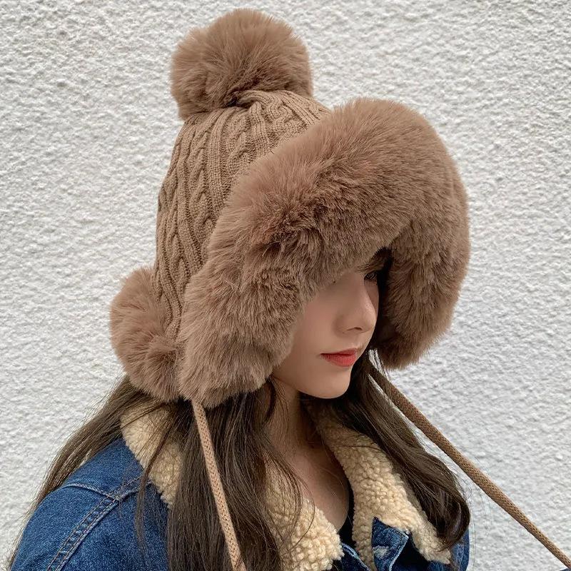 Women's Knitted Hat Fashion Rabbit Fur Stitching Woolen Hat Winter Plus Velvet Thickening Outdoor Windproof Ear Protection One