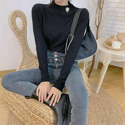 Half Turtleneck Knitted Long-sleeved Solid Color Small Daisy Sweater for Autumn and Winter, Wearing Loose Sweater