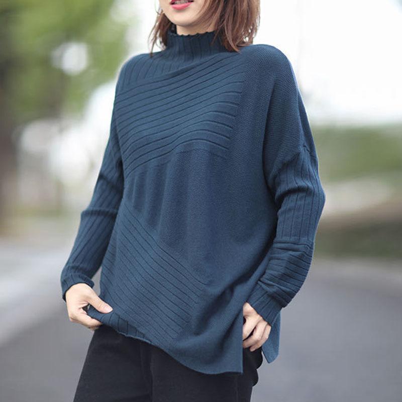 Spring and Autumn Half High Neck Knitted Sweater Loose Wild Pullover Pure Color Simple Female Sweater