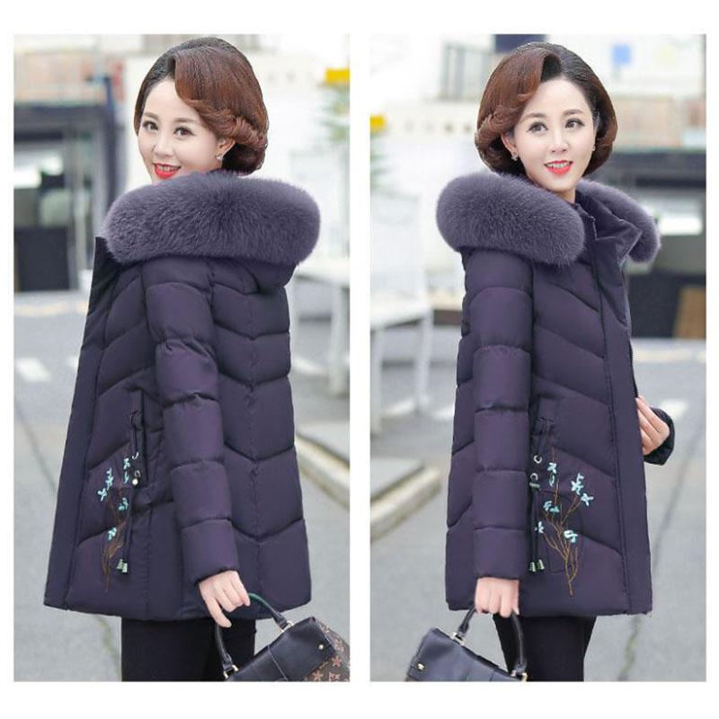 Winter Down Cotton Jacket Fashion Fur Collar Hooded Mid-length Jacket Thick Warm Cotton Jacket Suitable for Middle-aged Women