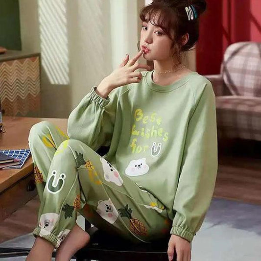 Large Size Pajamas Female Spring and Autumn Soft Pajamas Cute Cartoon Pajamas Home Wear Suit Two Pieces Set Sleepwear