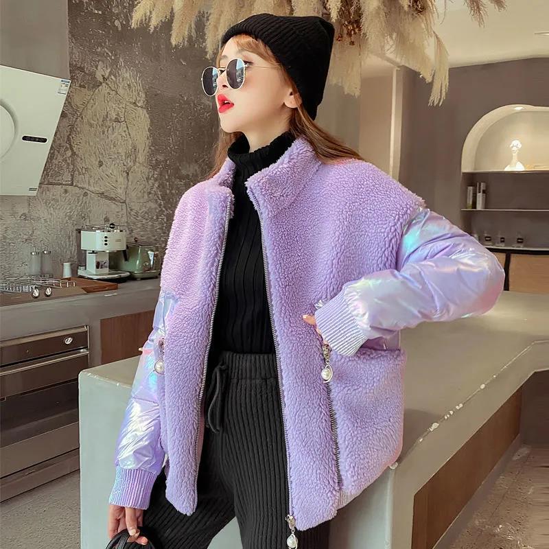 Winter Short Temperament Bright Face Stand Collar Particle Velvet Stitching Down Padded Jacket Fashion Padded Jacket Women