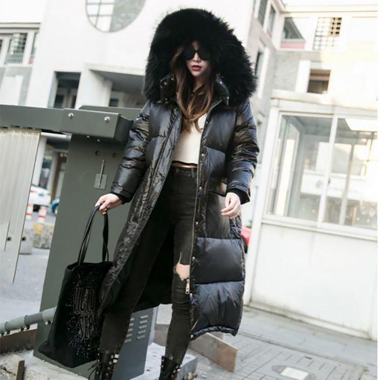 Down Jacket Women Winter Bright Face Loose White Duck Down Large Fur Collar Mid-length Warm Jacket