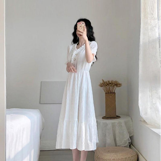 Summer French Retro Temperament Small Fragrance White Dress Chiffon White Dress V-neck Short-sleeved A-line Dress Sweet and Cute