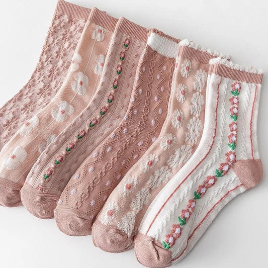 4 Pairs Women's Pink Socks Japanese Sweet Three-dimensional Jacquard Medium High Tube Stocking Spring Autumn Winter Comfortable Elastic Socks