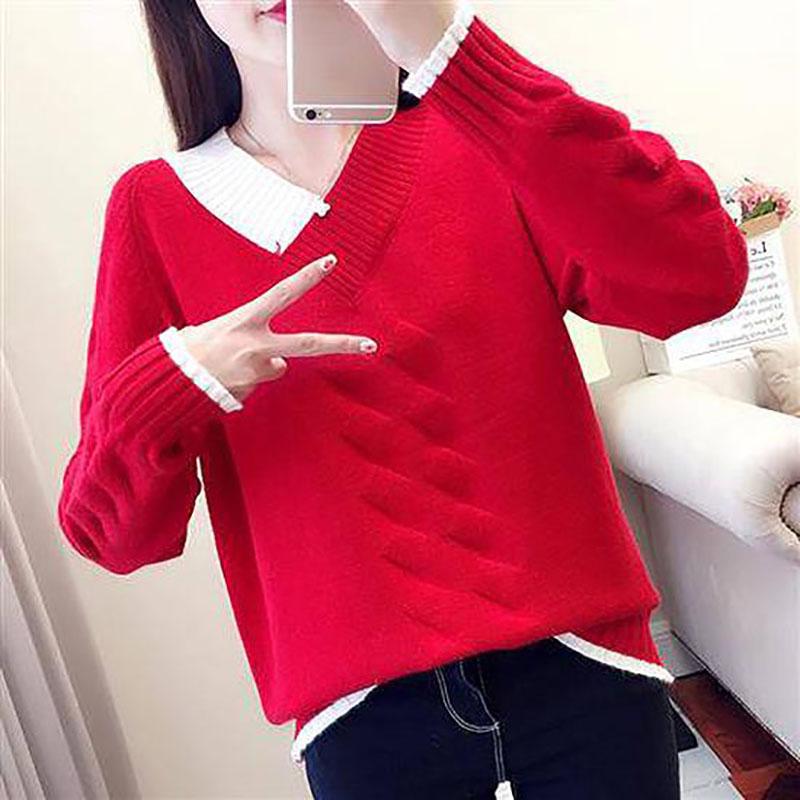 Casual Knitted Sweater Women V-Neck Long Sleeve Pullovers Coat  Autumn Winter Women's Sweater