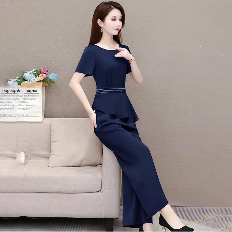 Simple Suit Loose Wide-leg Pants Round Neck Short-sleeved Shirt Two-piece Female Plus Size Slim Casual Women's Elegant Temperament