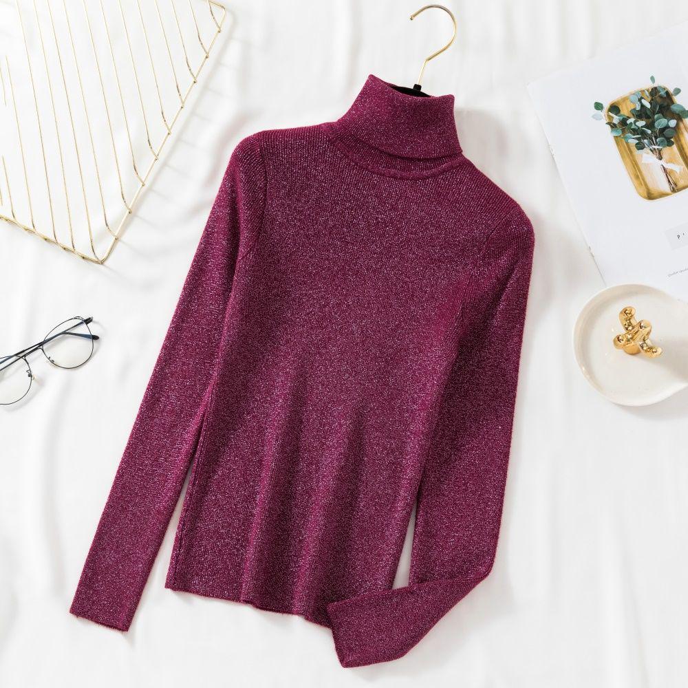 Shiny Lurex Winter Sweater Women Long Sleeve Pullover Basic Sweater Turtleneck Korean Knit Top Femme