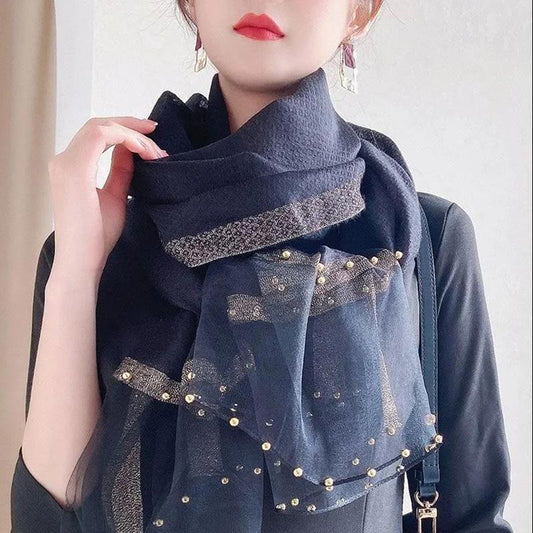 Women's Boutique Silk Scarf Mulberry Silk Scarf Warm Autumn and Winter Shawl Scarf Embroidered Gauze Scarves Pearl Hem Decor Neckerchief Solid Shawl