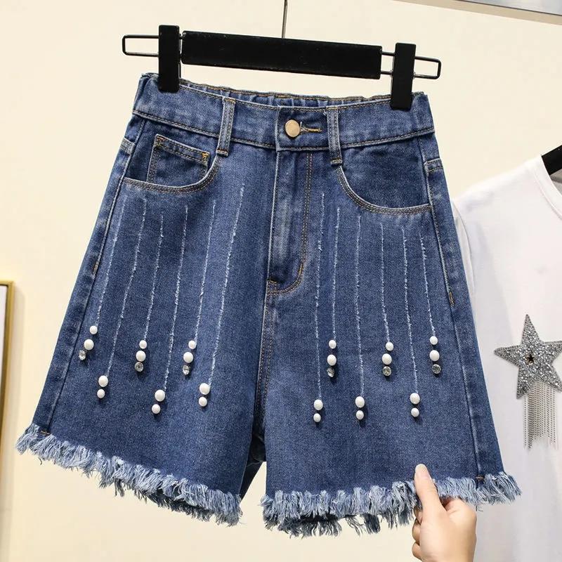 Women's Summer Large Size Pearl Raw Edge A-line Wide-leg Pants Denim Shorts Elastic Waist Casual Bead Shorts