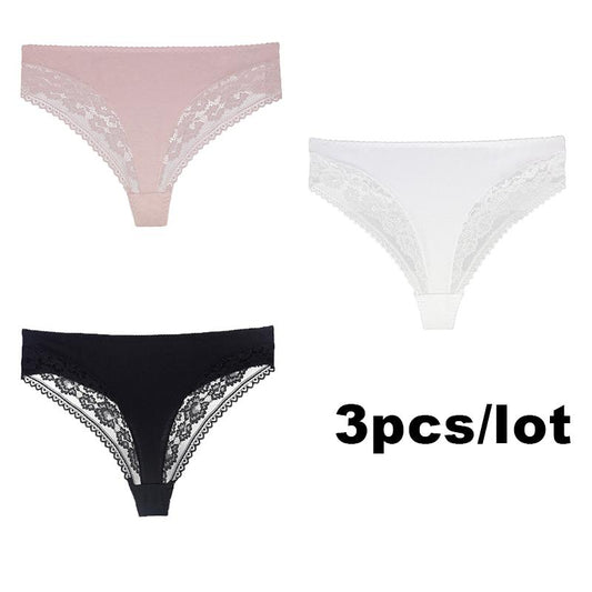 3Pcs Sexy Plus Size Thong Cotton Ladies Panties Mid Waist Breathable Lace Panties