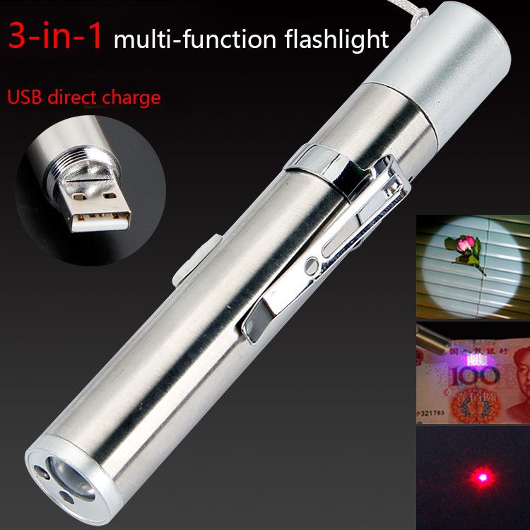 USB charging LED Flashlight Powerful Mini LED Torch Penlight uv light banknote Laser pointer light