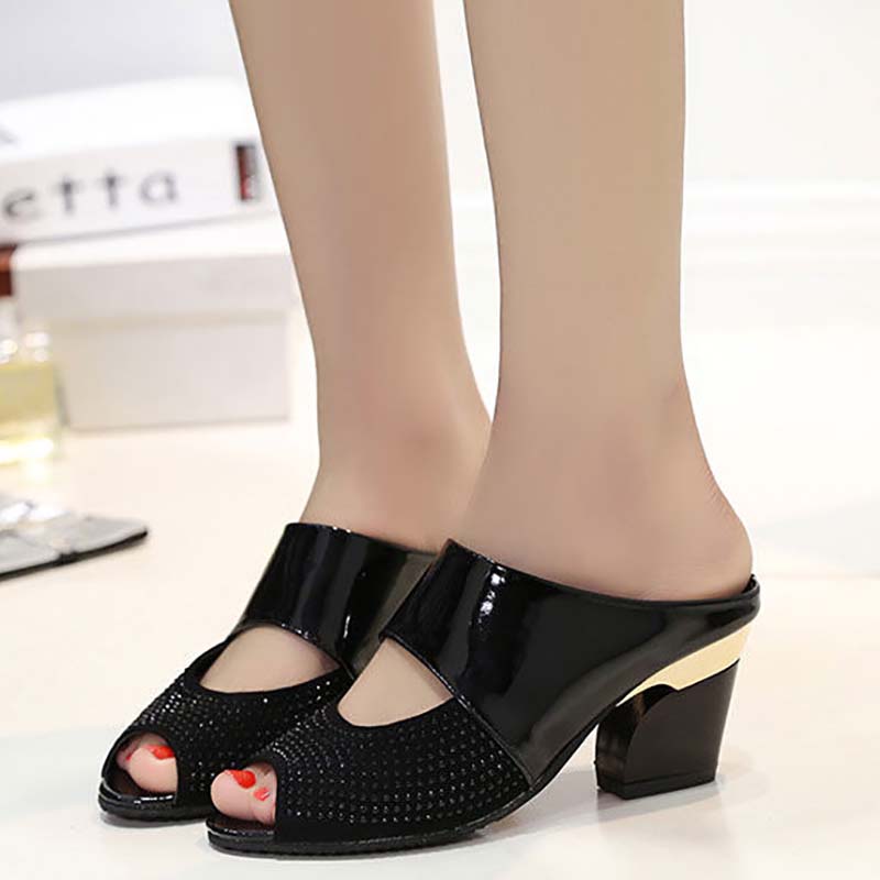 High Heel Slippers Women Summer Mid-heel Fish Mouth Slippers Thick Heel Sandals Patent Leather Rhinestone Women Sandals