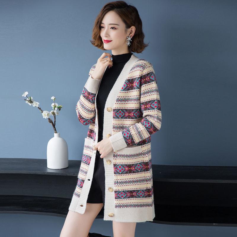 Autumn and Winter Long-sleeved Cardigan Sweater Loose-fitting Outer Wear Mid-length Jacket Jacquard Knitted Female Jacket