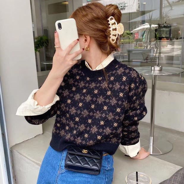 Women Autumn Fashion Sweater Casual Knitting Sweater Print Round Neck Pullovers Loose Casual Long Sleeve Sweater